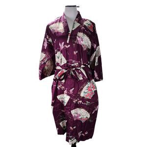 Ichiban Kimono Robe Size 42 Vintage Purple Printed Cotton Short Cranes Japan